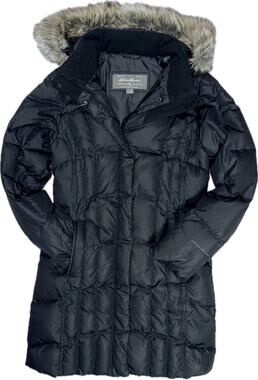 EDDIE BAUER Sz Small 80% Down Long Hooded Parka Coat Jacket Black